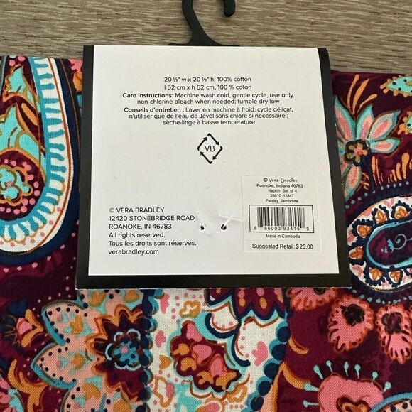 Vera Bradley Paisley Napkins Set 4-pc Maroon Navy Blue - Picture 3 of 3